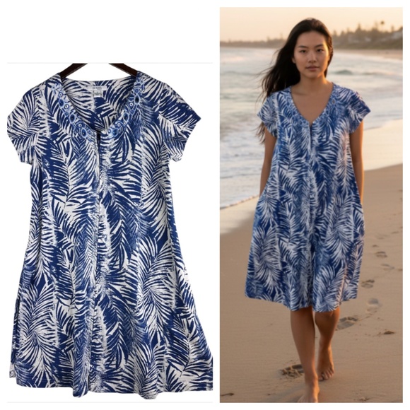 Go Softly Dresses & Skirts - Go Softly Patio Dress Sz Small Full Zip Kaftan Mumu Blue White Beaded Tropical